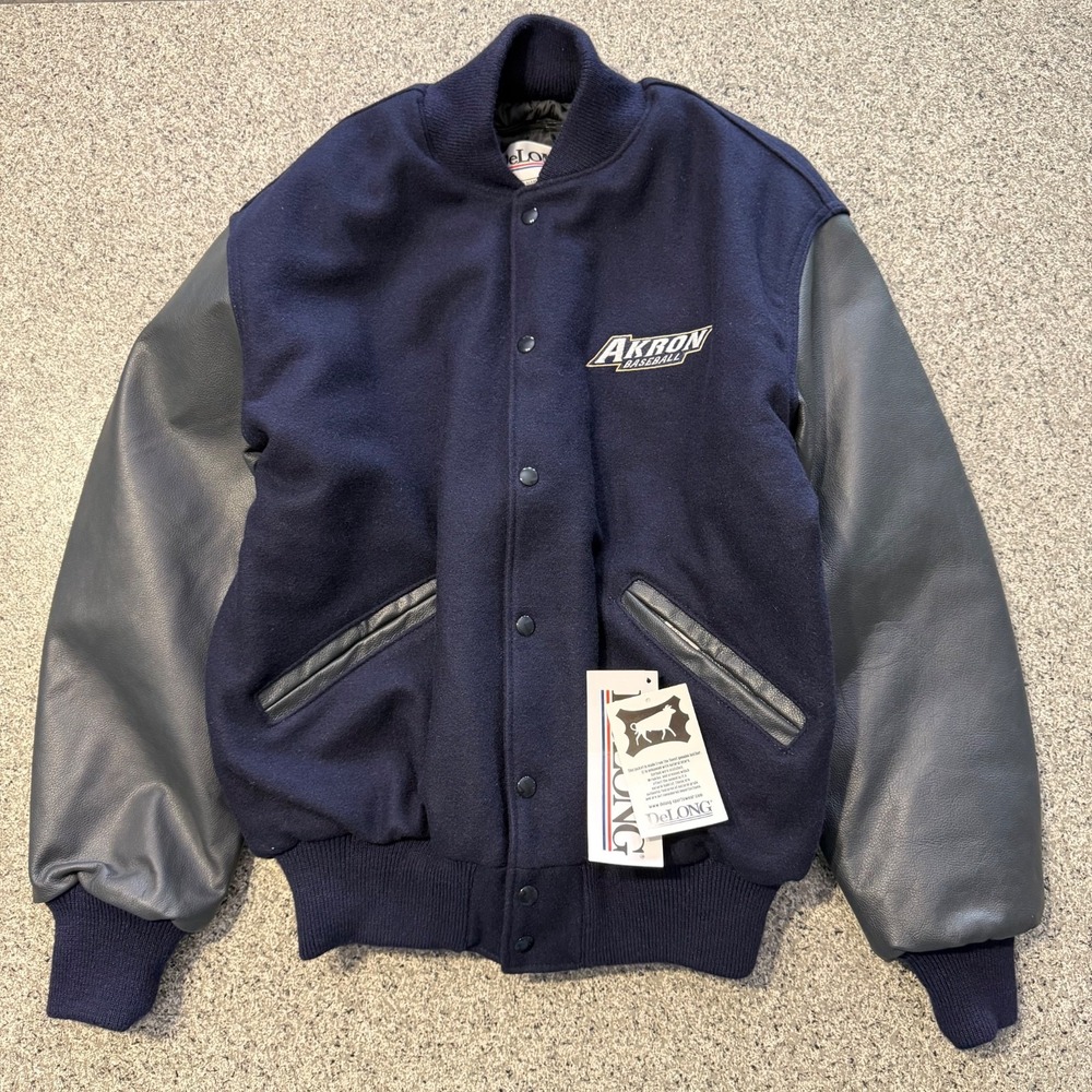Vintage Delong Varsity Letterman Jacket Mens L Akron Baseball Navy Blue Wool